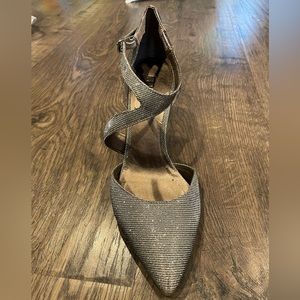 Pewter, metallic, pointed toe heel